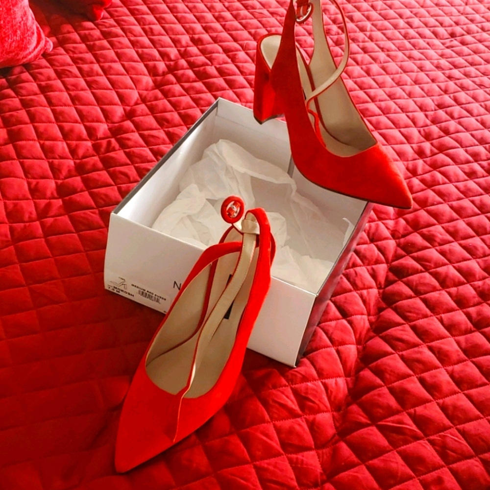 Red suede ankle strap pumps